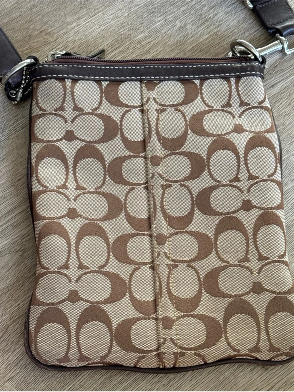 Coach Brown/Tan Signature Crossbody with Center Leather Stripe